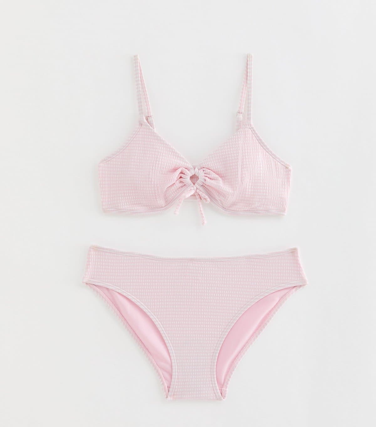 New Look Girls' Light Pink Seersucker Stripe Triangle Bikini Top and Bottoms Set New Look