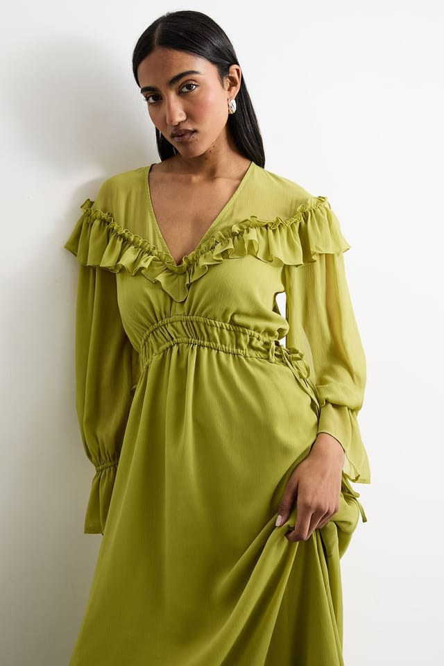 Warehouse Warehouse Women's Ruffle Shoulder Detail V Neck Boho Maxi Dress in Chartreuse - 2