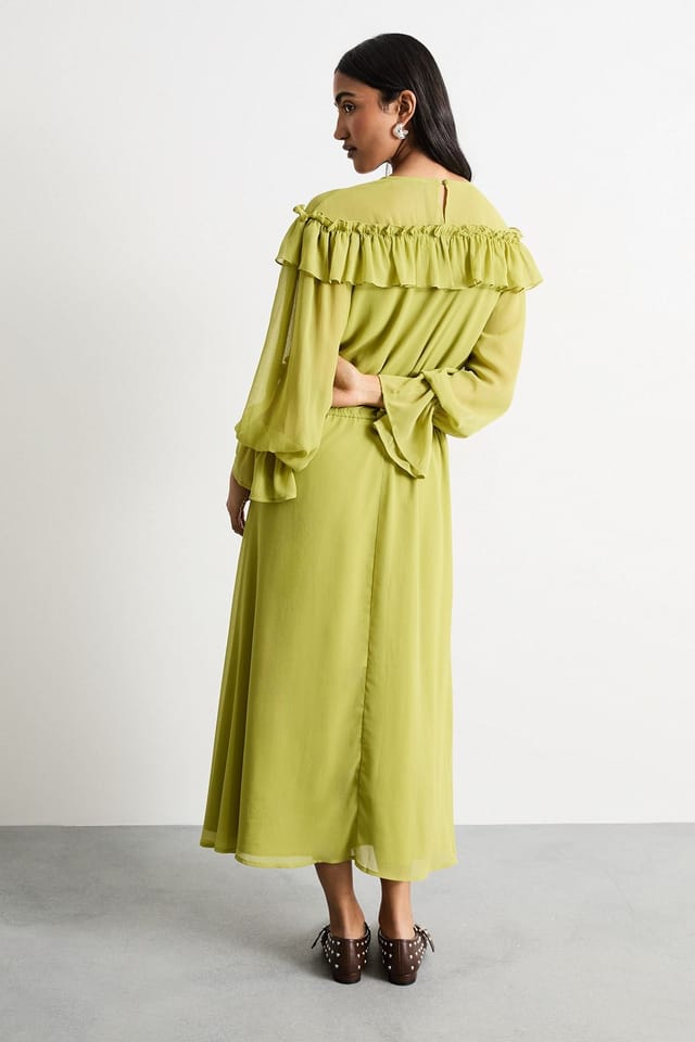 Warehouse Warehouse Women's Ruffle Shoulder Detail V Neck Boho Maxi Dress in Chartreuse - 3