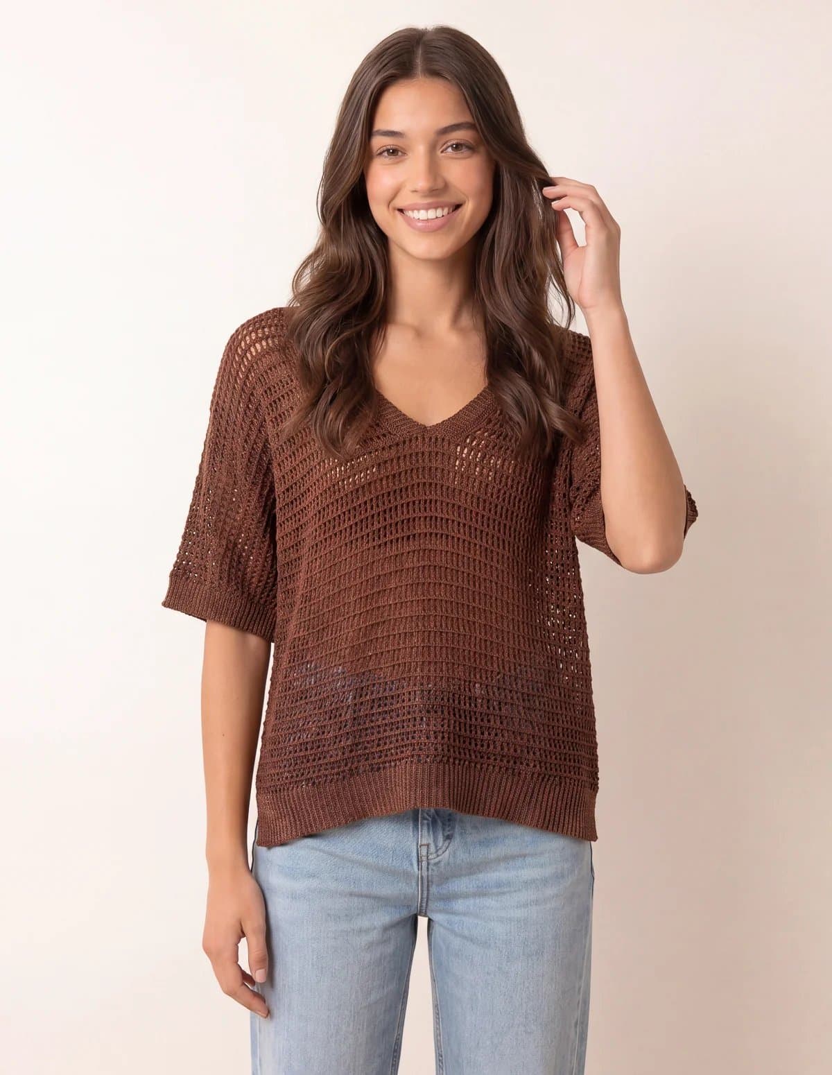Blue Vanilla Metallic Crochet V Neck Top