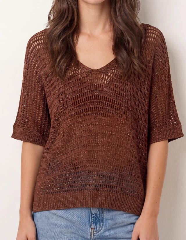 Blue Vanilla Metallic Crochet V Neck Top - 3