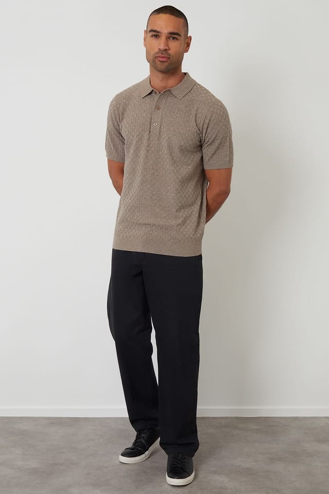 Threadbare Threadbare Men's Basket Stitch Short Sleeve Knitted Polo in Taupe - 3