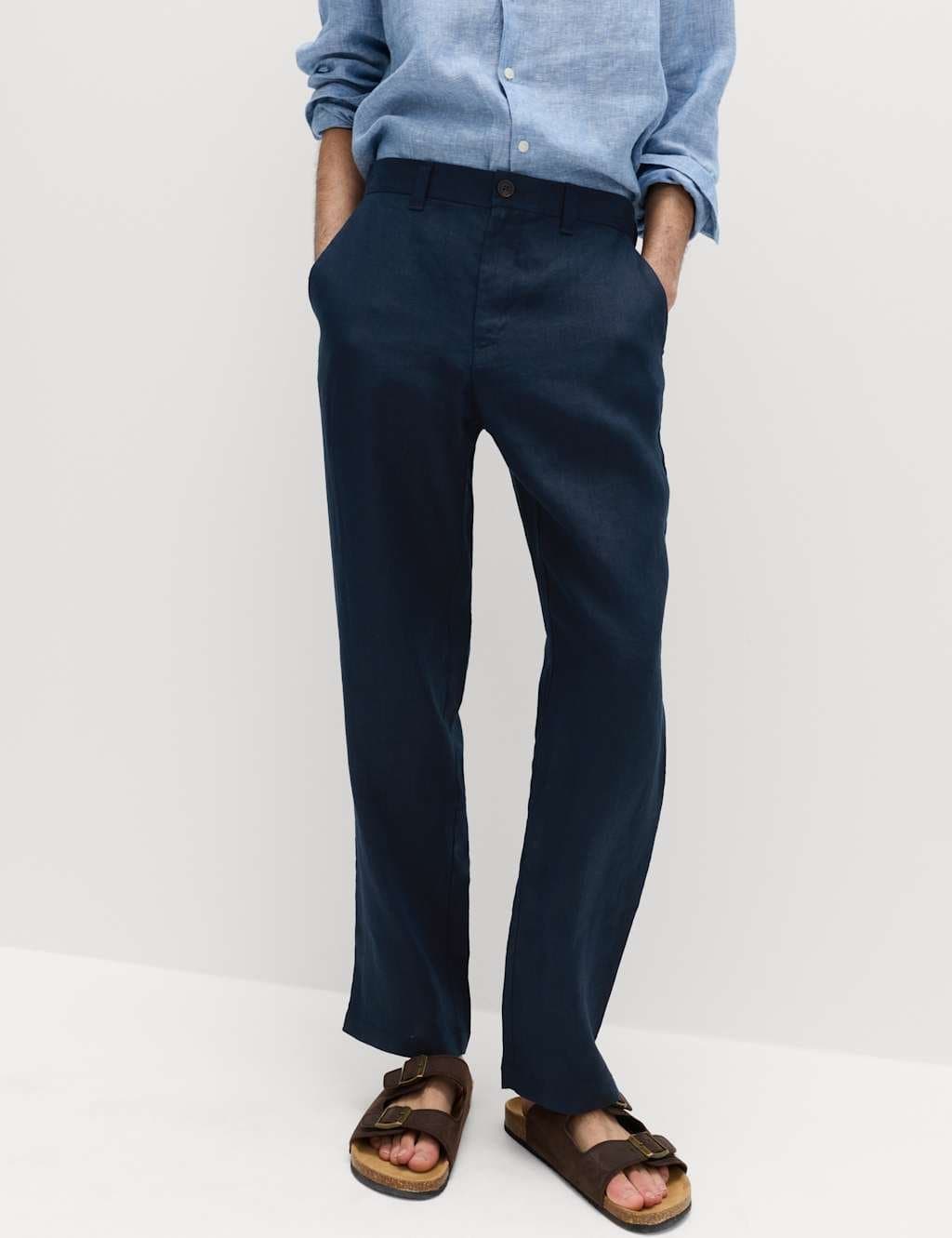 Marks & Spencer M&S Navy Linen Half-Elasticated Waist Trousers