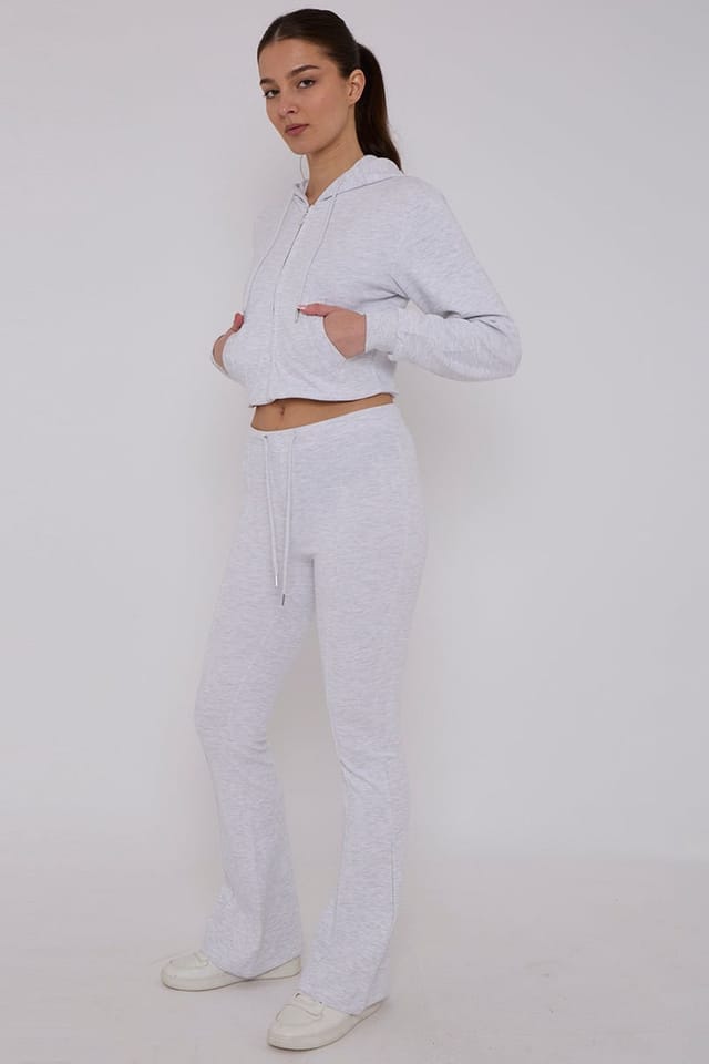 STYLEWISE STYLEWISE Women's Cropped Zip Hoodie & Flared Trouser Set - Interlock - Co-ord Set in Beige - 2