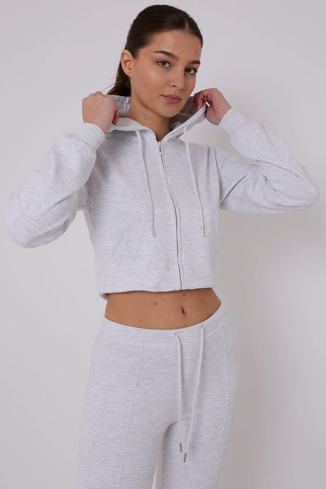 STYLEWISE STYLEWISE Women's Cropped Zip Hoodie & Flared Trouser Set - Interlock - Co-ord Set in Beige - 3
