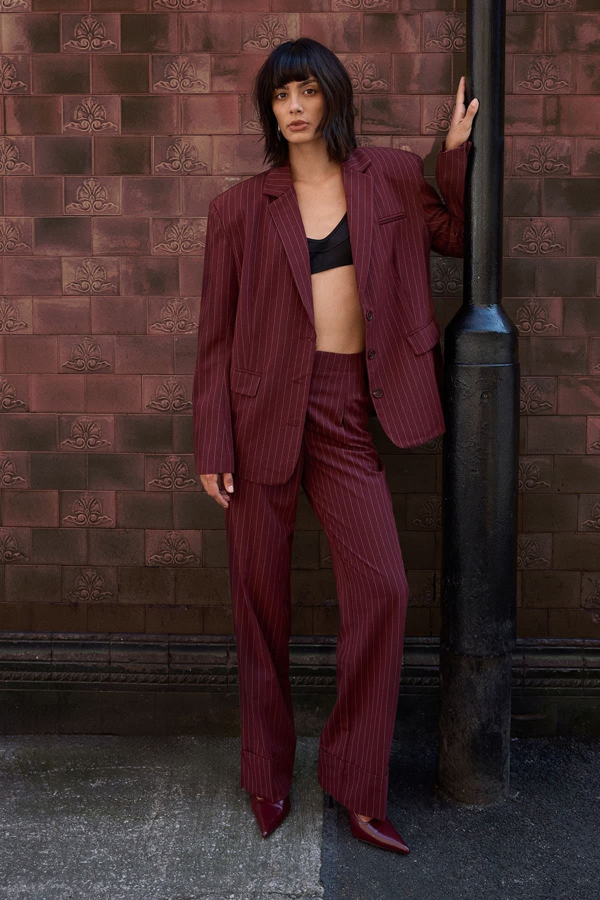 Warehouse Warehouse Women's Pinstripe Oversized Grandad Blazer Co-ord in Choc Brown