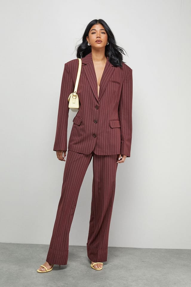 Warehouse Warehouse Women's Pinstripe Oversized Grandad Blazer Co-ord in Choc Brown - 2