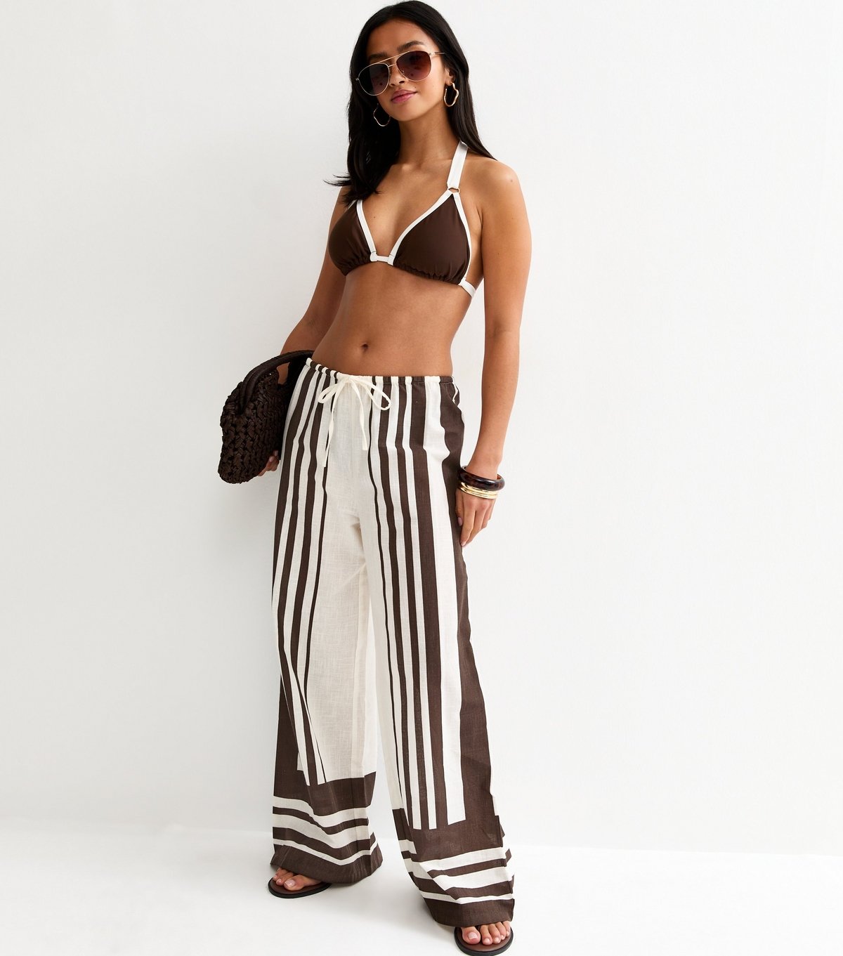 New Look Women's Petite White and Brown Striped Beach Wide Leg Trousers New Look - 1