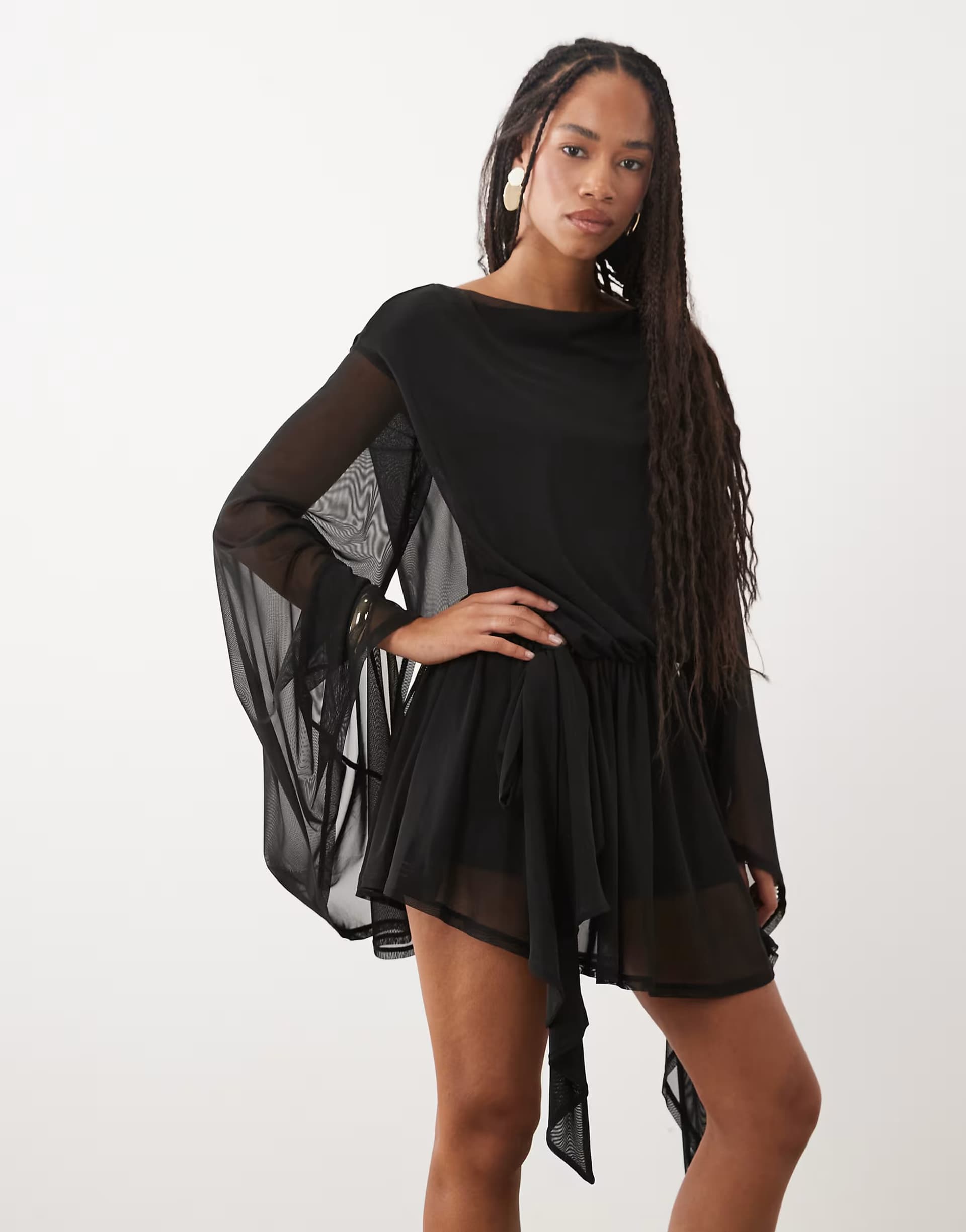 ASOS ASOS DESIGN mesh tie side mini dress with extreme sleeve in black