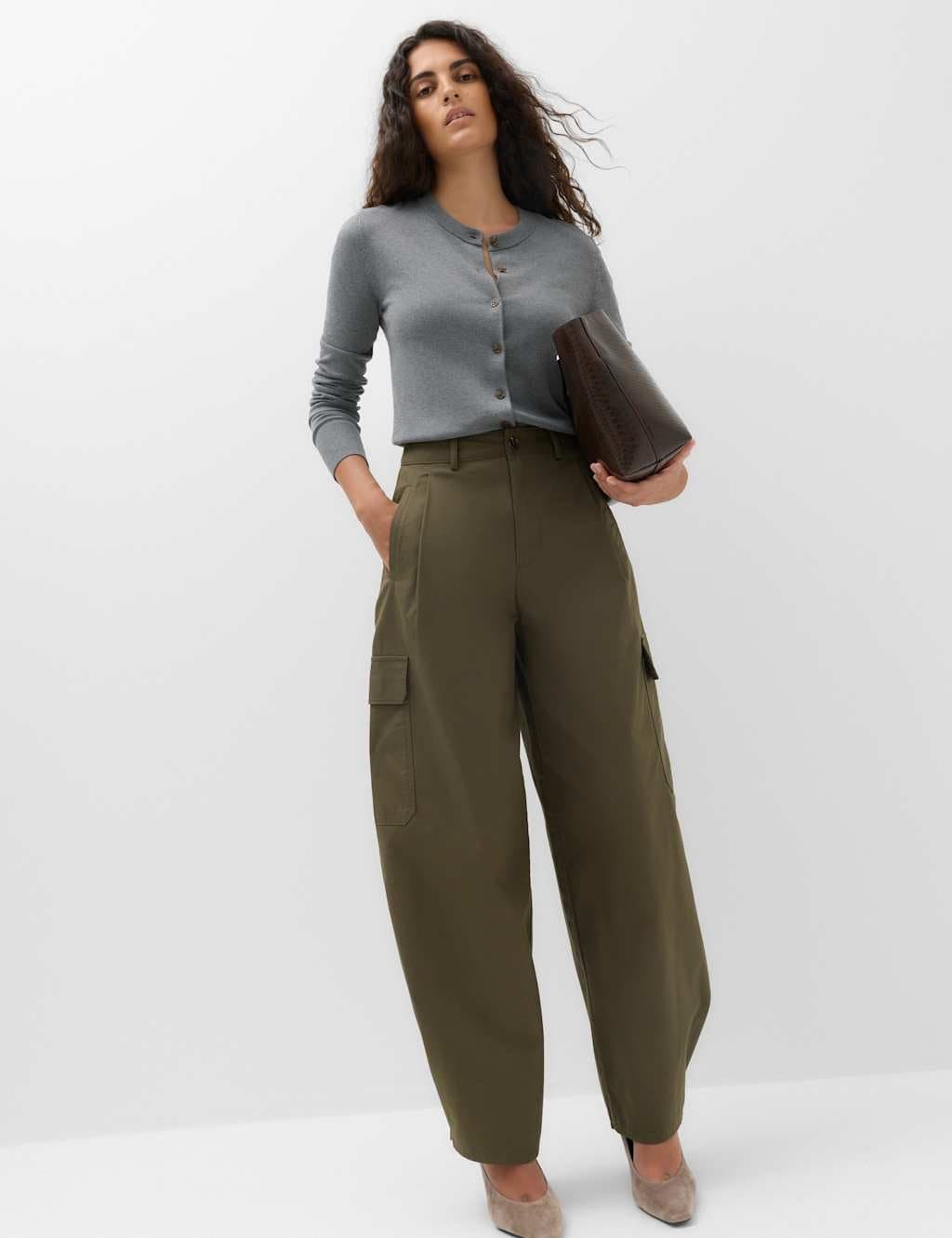 Marks & Spencer M&S Pure Cotton Cargo Barrel Leg Trousers Dark Khaki