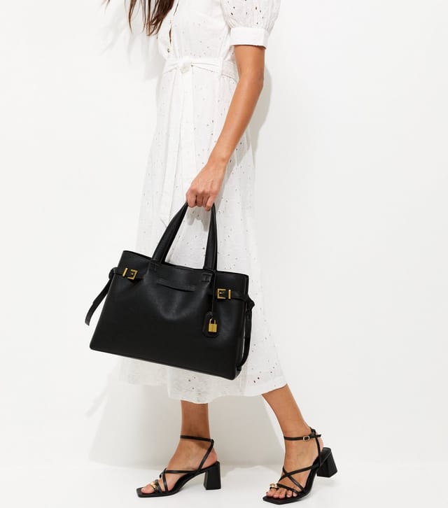 New Look Black Faux Leather Belted Padlock Tote Bag Vegan New Look - 2