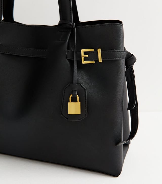 New Look Black Faux Leather Belted Padlock Tote Bag Vegan New Look - 3