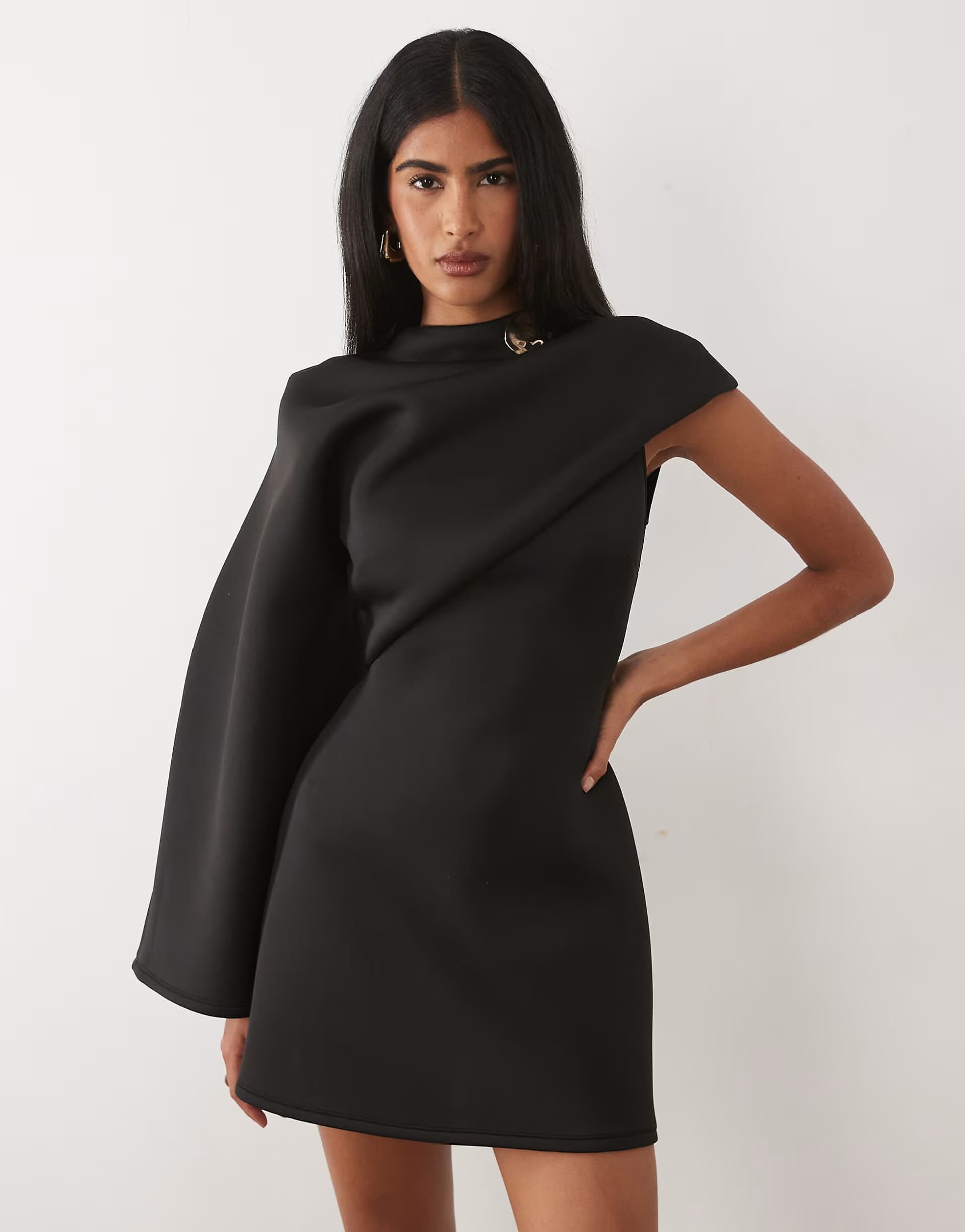 ASOS ASOS DESIGN long cape sleeve mini dress with shoulder trim in black scuba-style fabric