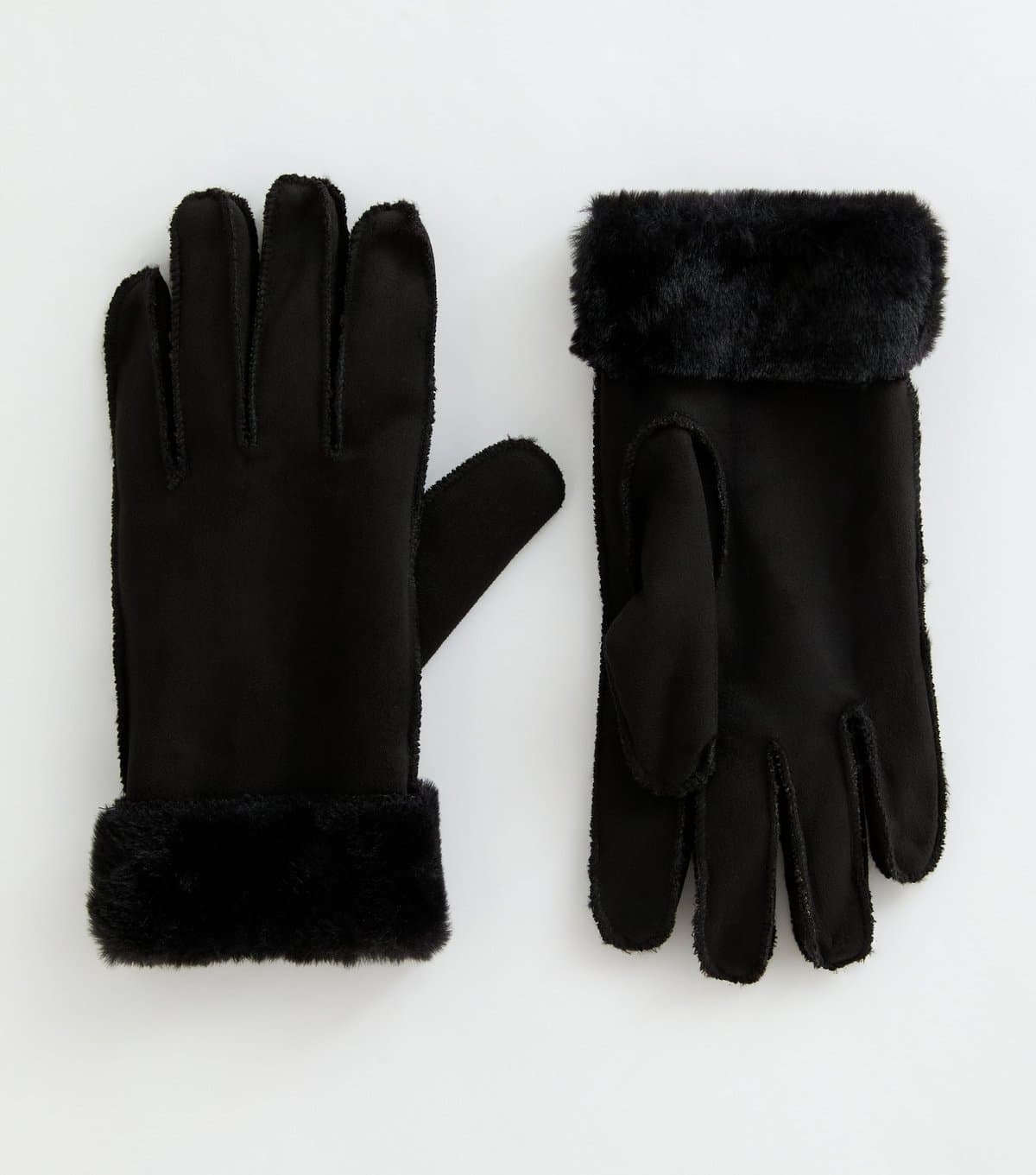 New Look Black Faux Fur Trimmed Faux Suede Gloves New Look