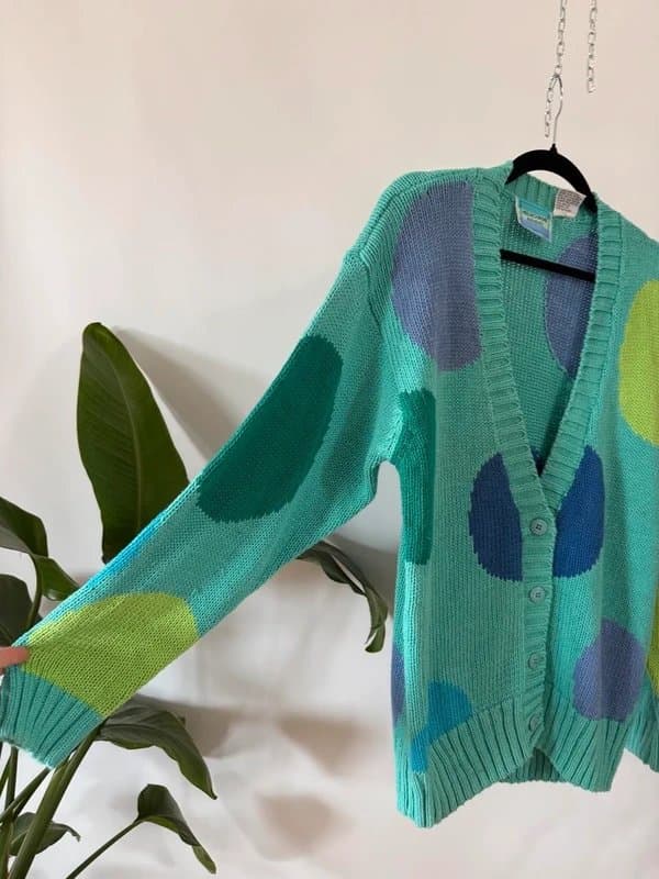 Melbourne Elements 90s vintage knit green and blue circle cotton Cardigan, size m