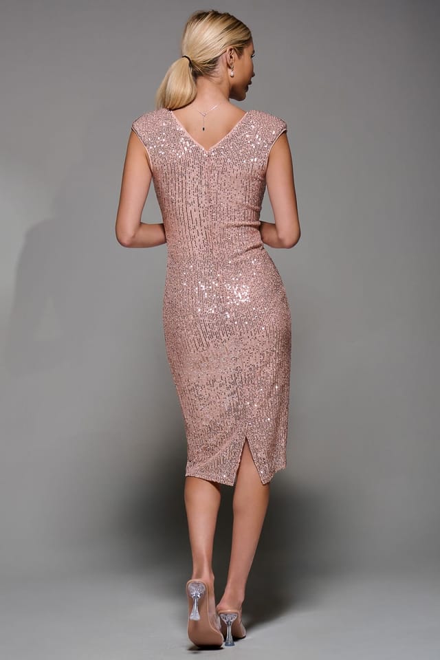 Jolie Moi Jolie Moi Women's Sequin Wrap Bodice Shoulder Pad Midi Dress in Pink - 2