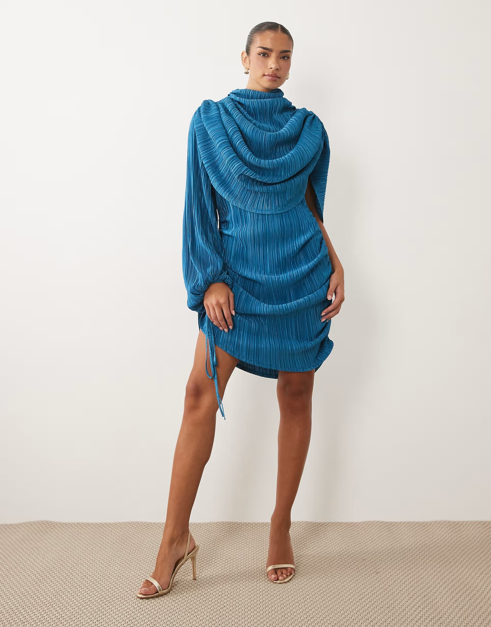 ASOS ASOS DESIGN plisse asymmetric cape sleeve mini dress in blue teal
