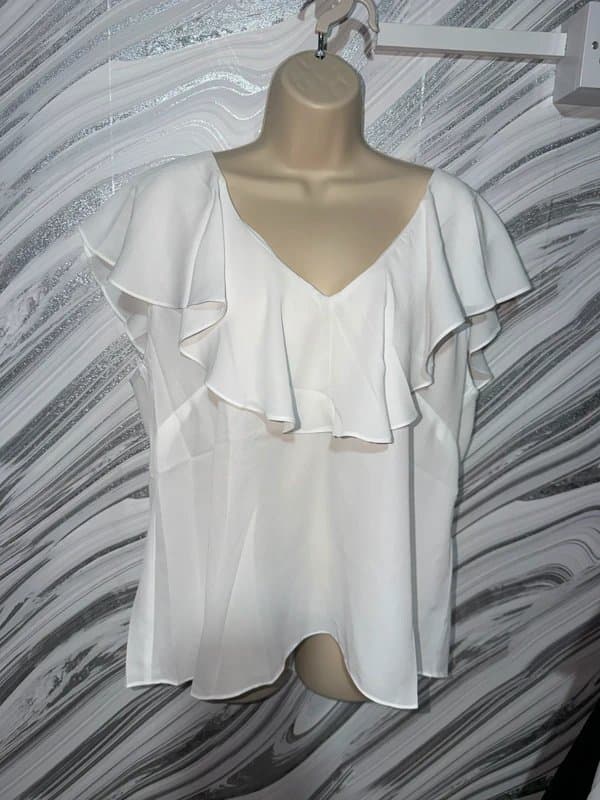 ASOS Design ASOS DesignCurve White Ruffle Frill V-Neck Floaty Blouse Top | UK 18