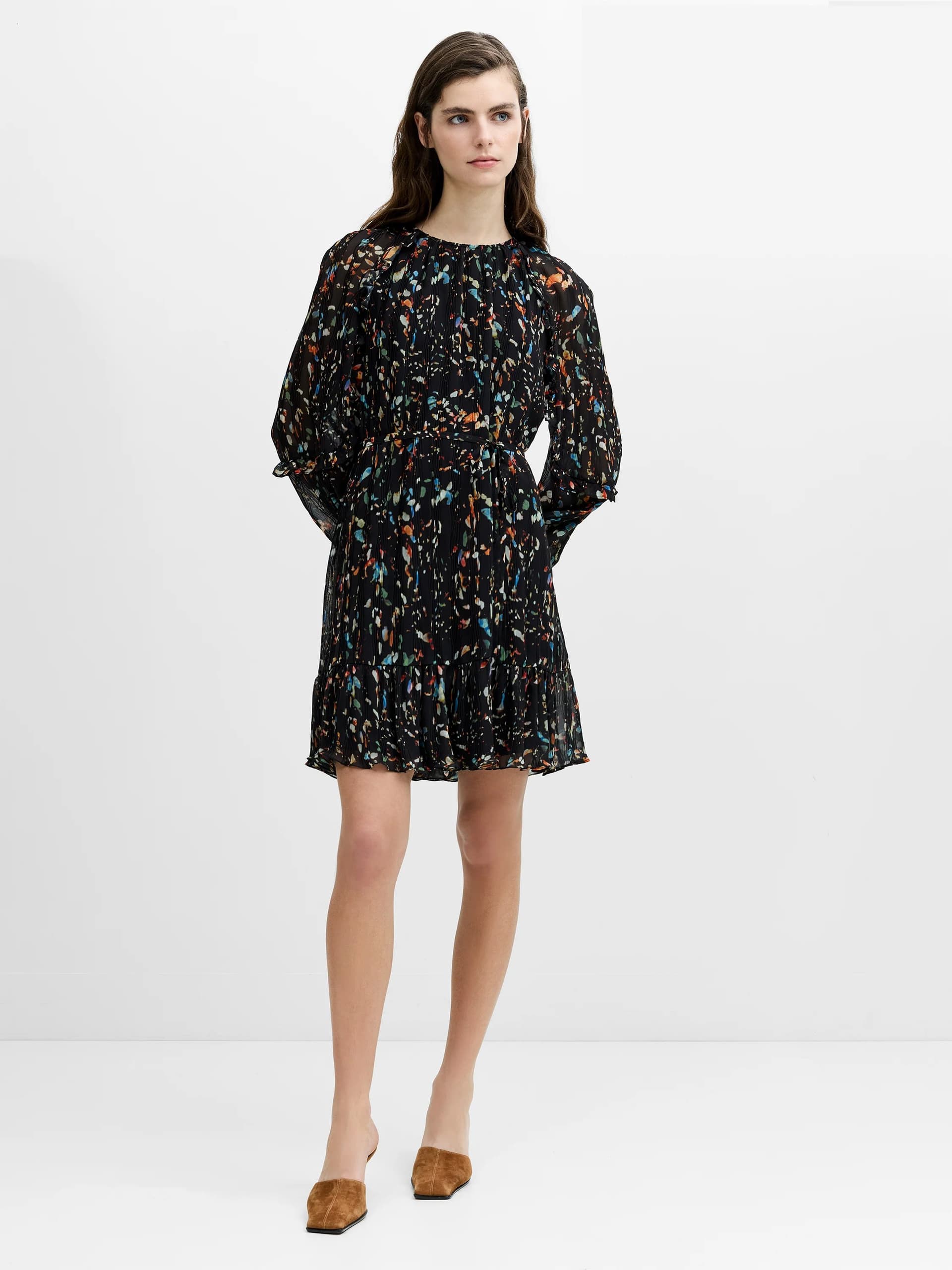 French Connection Kylie Black Abstract Printed Ruffle Mini Dress Black Multi