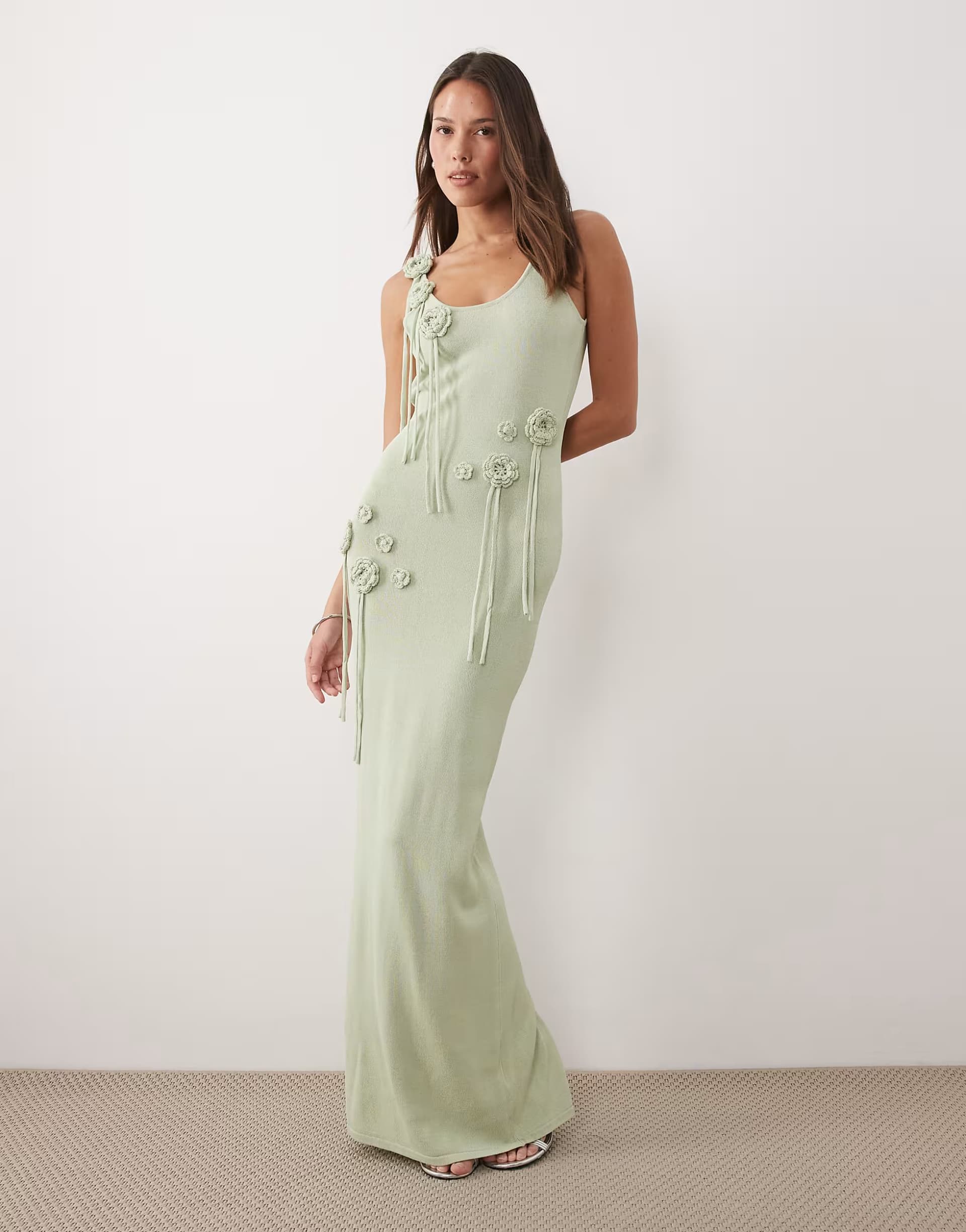 ASOS Wanderdoll exclusive Lillie knitted scoop neck corsage tassel detail maxi dress in sage