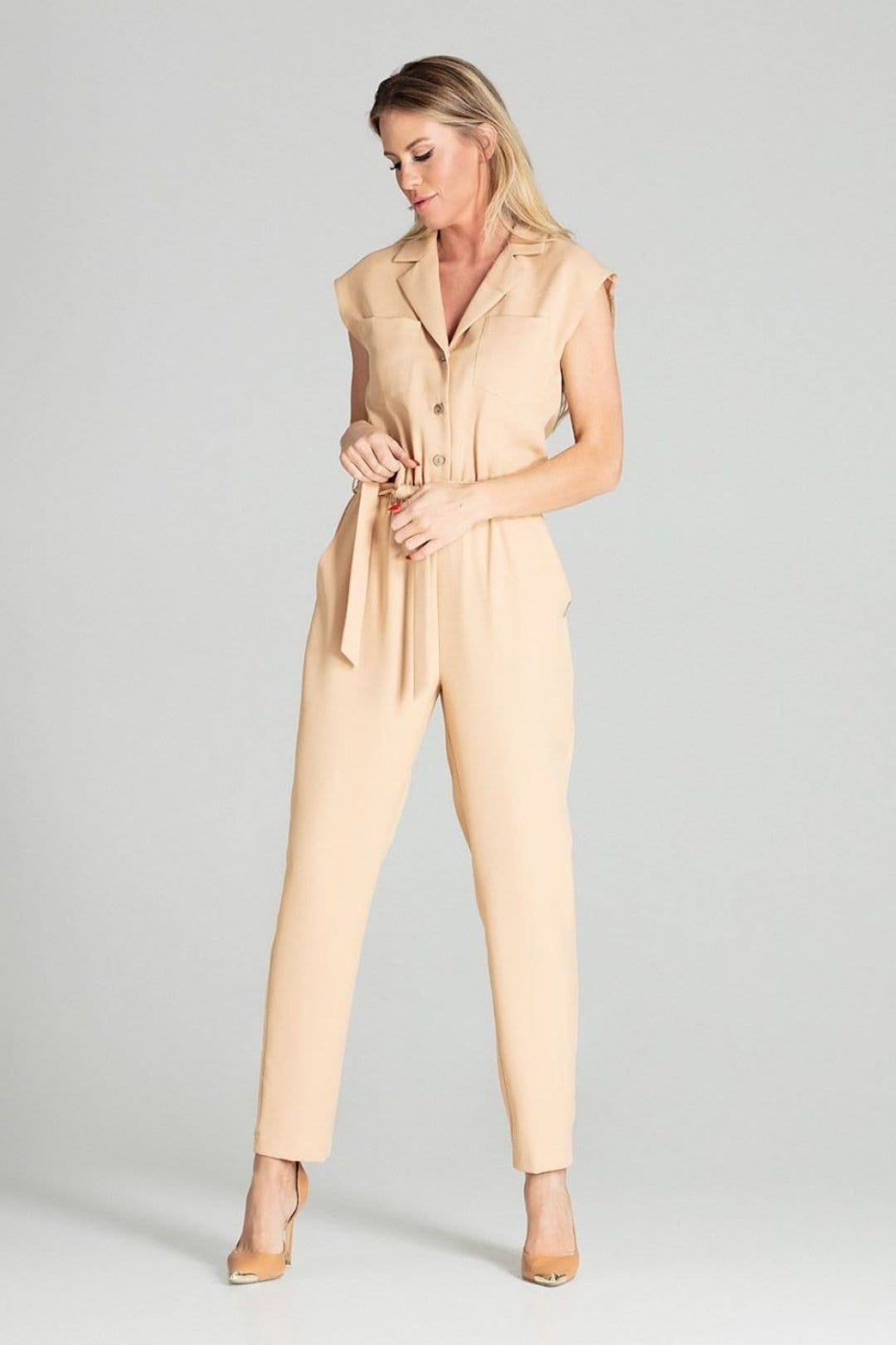 Love Lace Beige Tie Waist Collar Lapel Jumpsuit