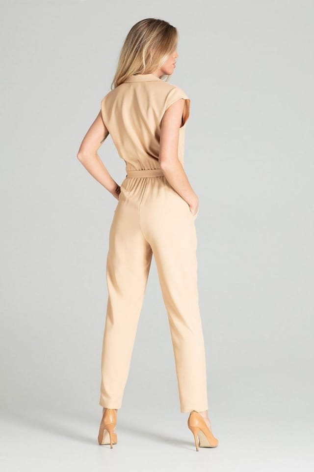Love Lace Love Lace Women's Beige Tie Waist Collar Lapel Jumpsuit - 3