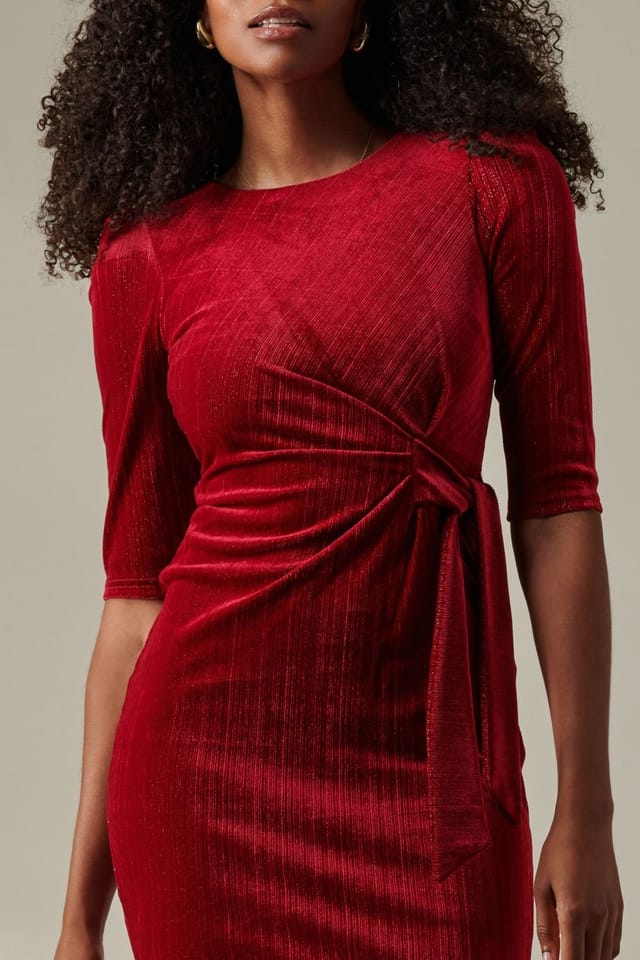 Jolie Moi Jolie Moi Women's Metallic Thread Velvet Midi Dress in Burgundy - 3