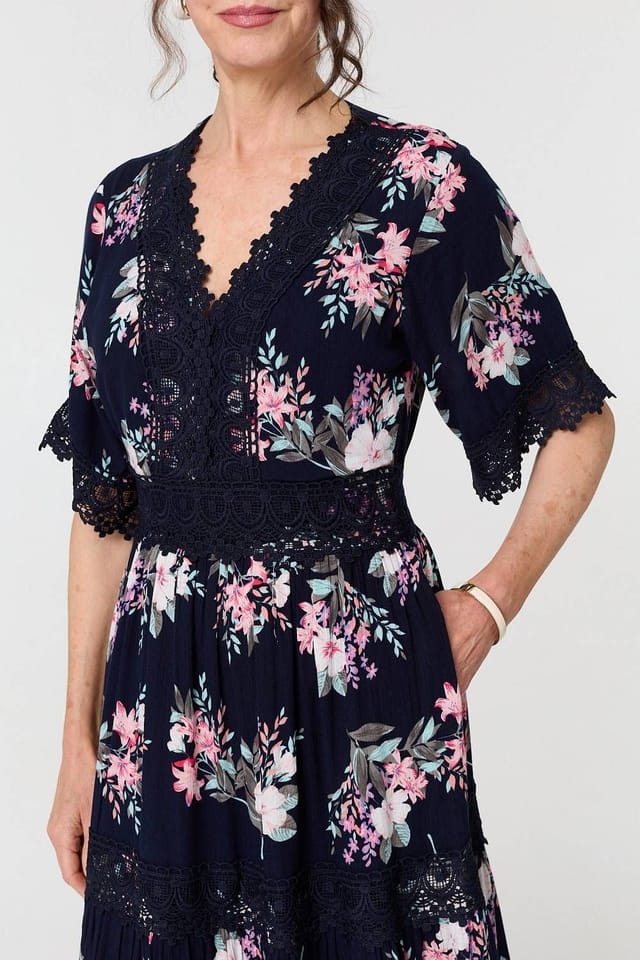 Izabel London Izabel London Women's Floral Lace Tiered 3/4 Sleeve Maxi Dress in Blue - 2