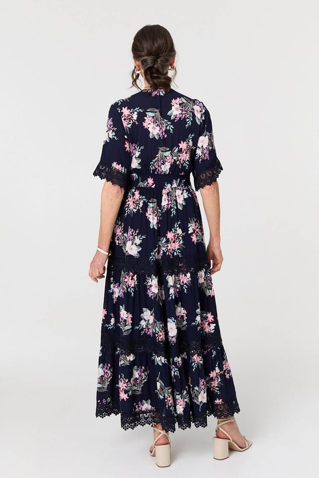 Izabel London Izabel London Women's Floral Lace Tiered 3/4 Sleeve Maxi Dress in Blue - 3