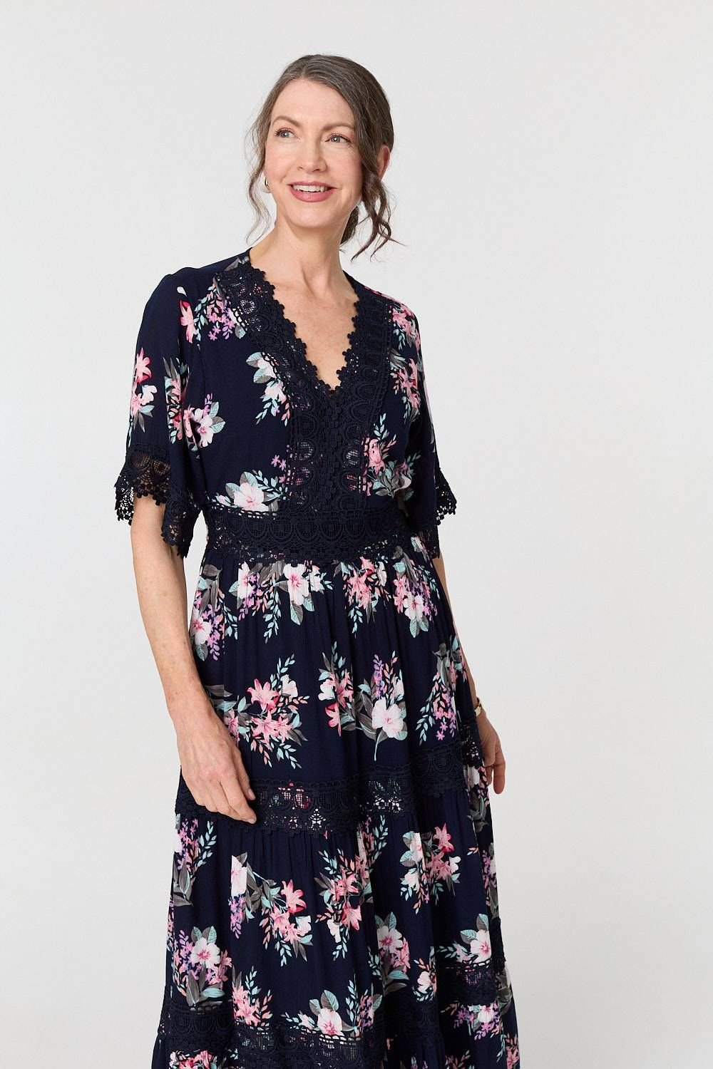 Izabel London Izabel London Women's Floral Lace Tiered 3/4 Sleeve Maxi Dress in Blue - 4