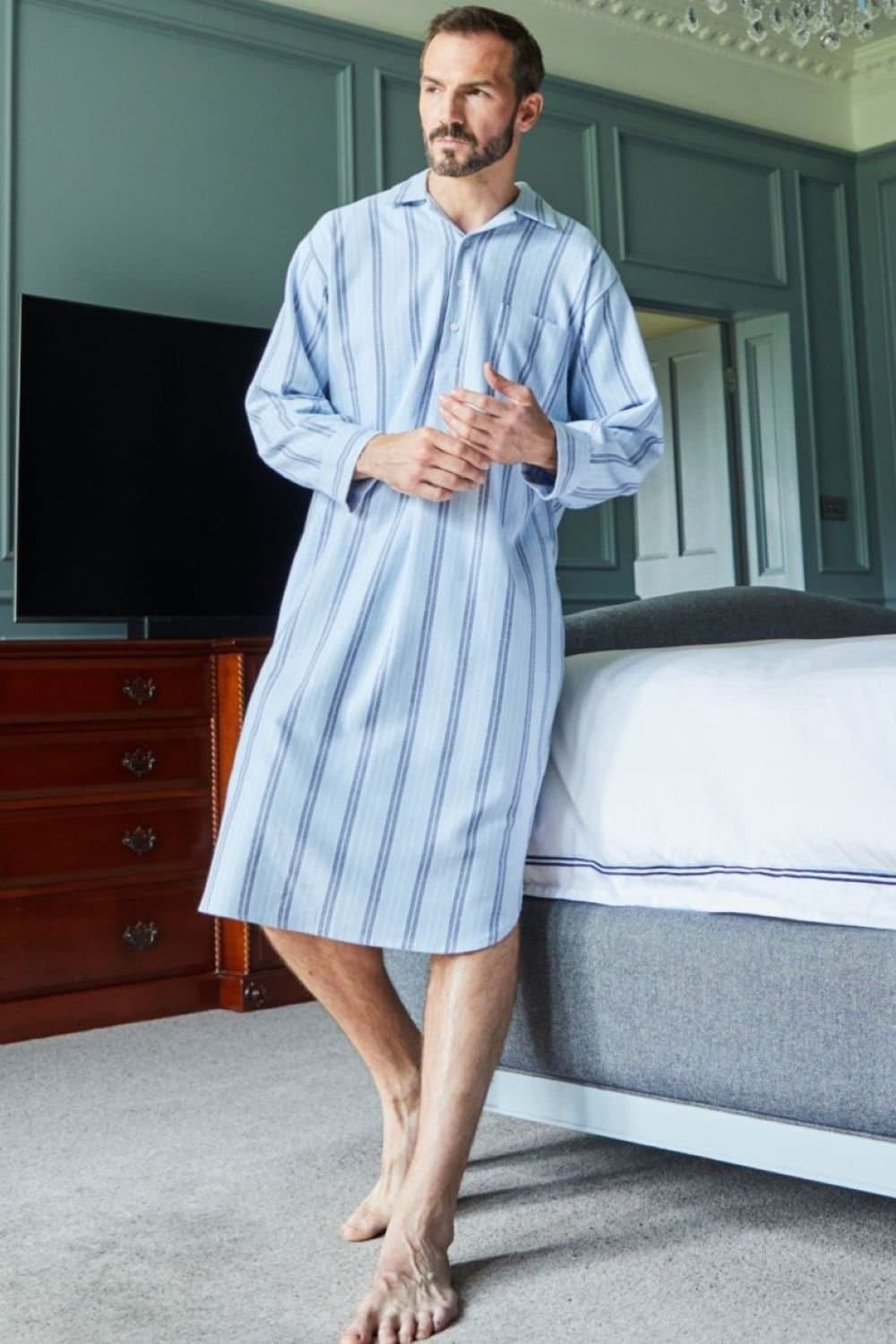British Boxers British Boxers Men's "Brighton Blue" Stripe Brushed Cotton Nightshirt in Light Blue