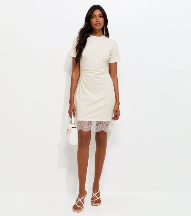 New Look Women's Cream Cotton Rich Ruched Lace Hem T-Shirt Dress New Look - 2