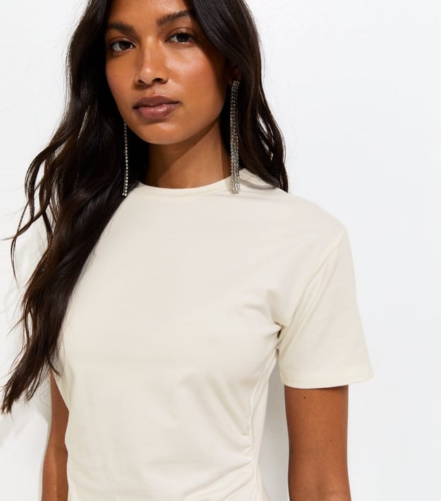 New Look Women's Cream Cotton Rich Ruched Lace Hem T-Shirt Dress New Look - 3
