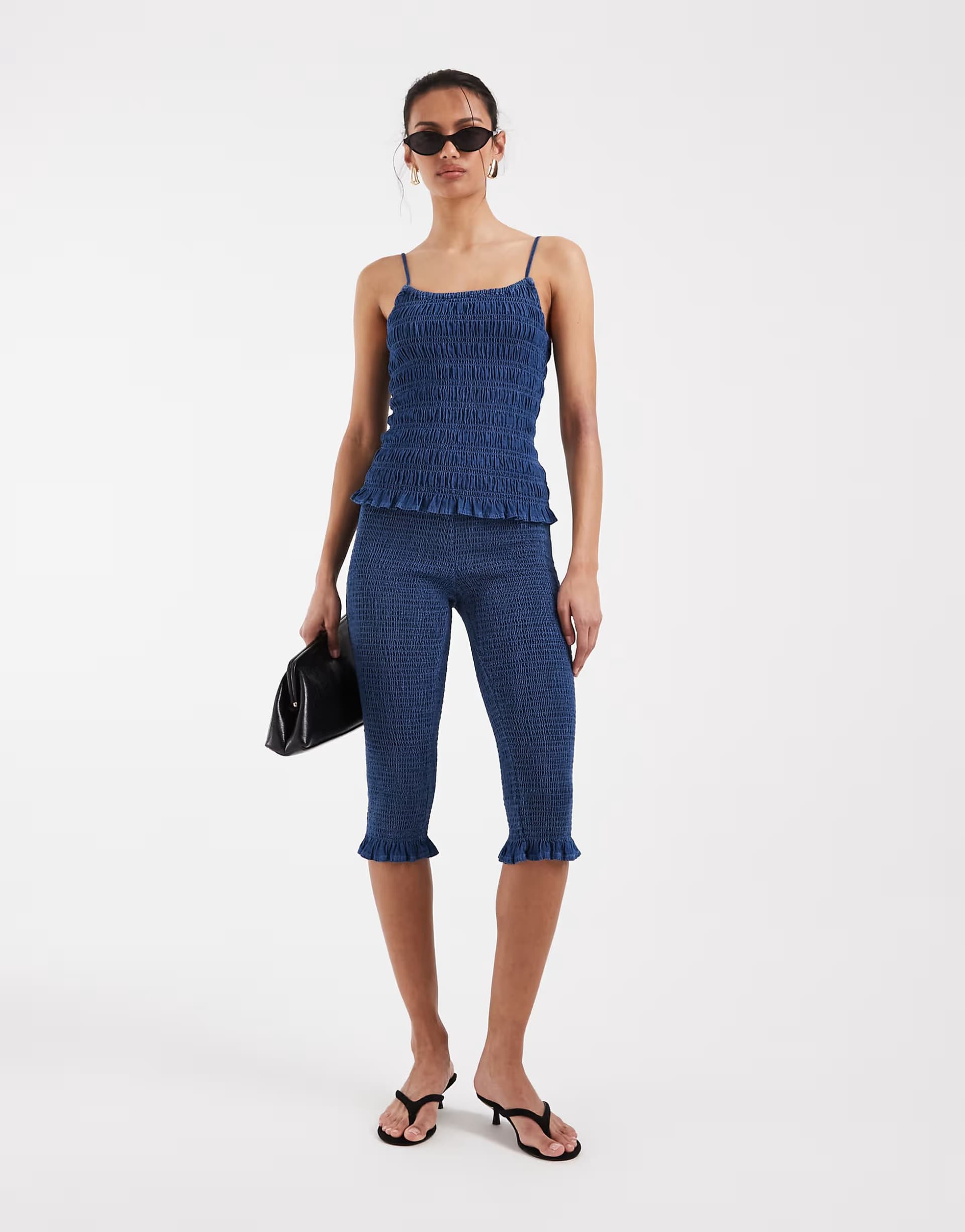 ASOS ASOS DESIGN denim shirred cami top & capri co-ord in inky wash