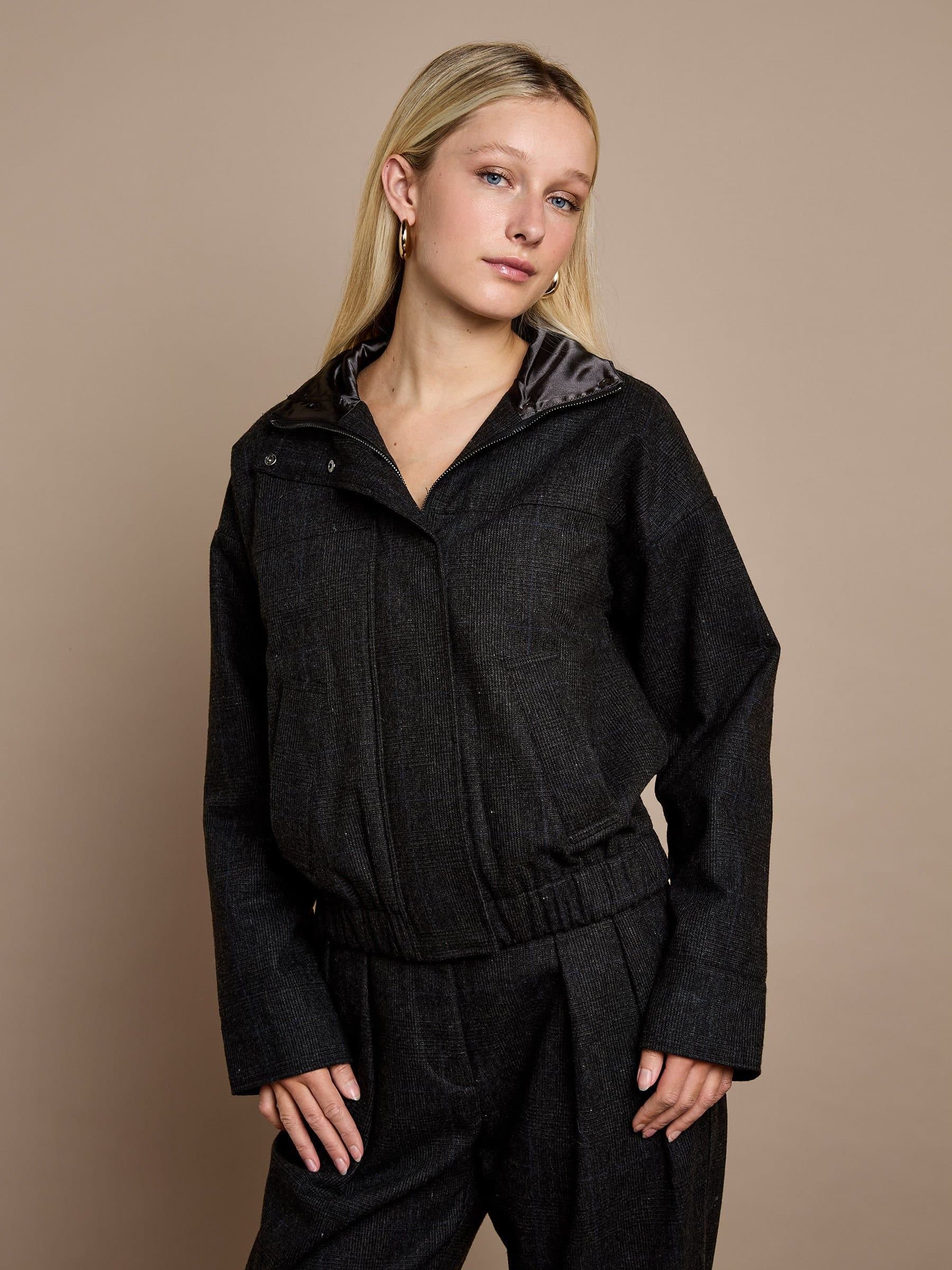 GWD by GEORGE W. DAVIES GWD by GEORGE W. DAVIES Women's GWD Lewlyn Grey Checked Bomber Jacket in Chocolate