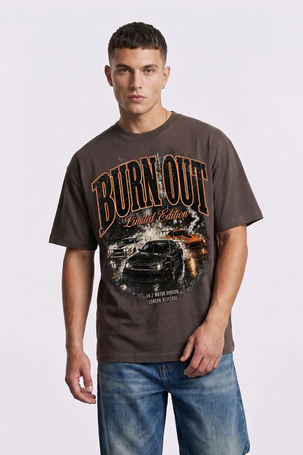 LONDON ATTITUDE LONDON ATTITUDE Men's Burn Out Limited Edition Oversized Heavyweight Graphic T-Shirt in Chocolate