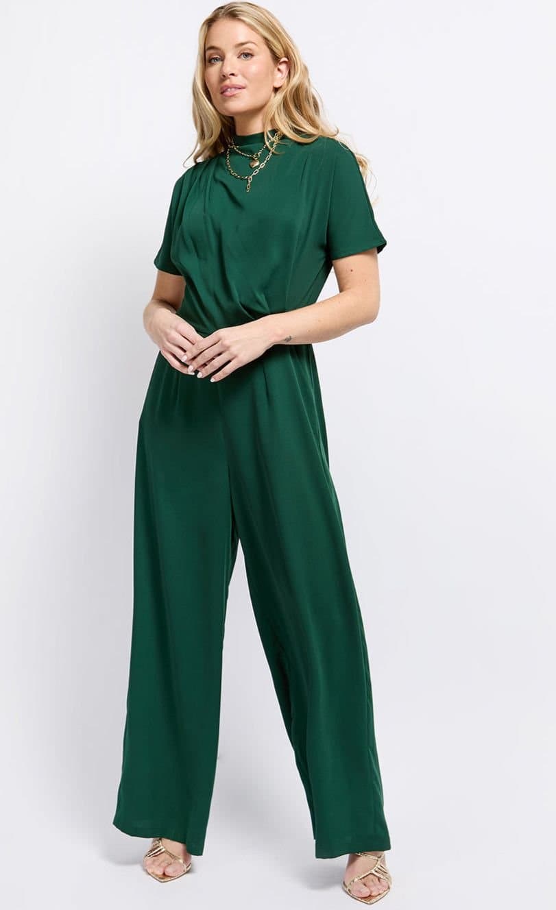 Little Mistress Little Mistress Women's Green Drape Detail Jumpsuit in Bottle Green
