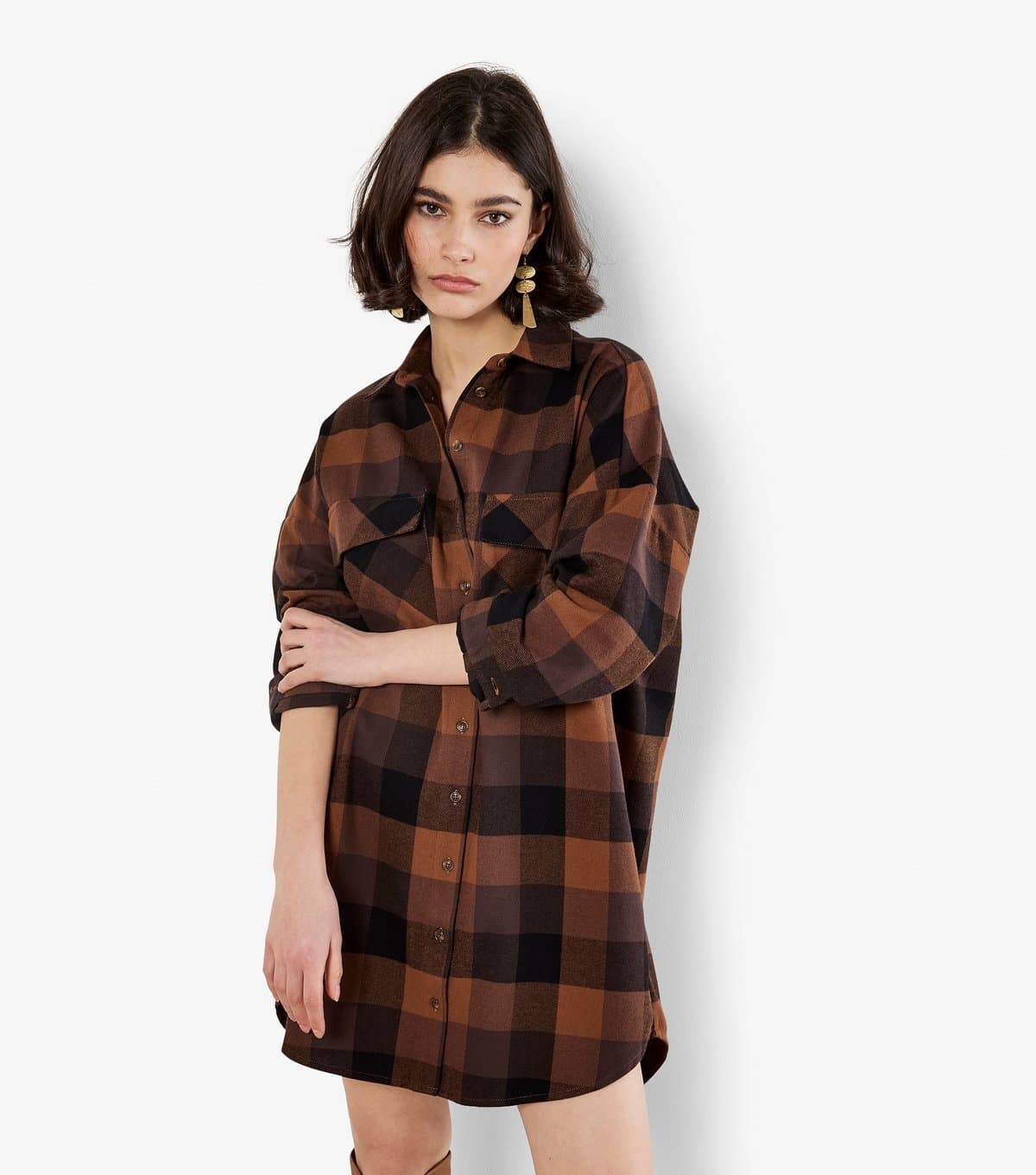 Apricot Women's Brown Checked Double Pocket Shirt Dress Apricot New Look