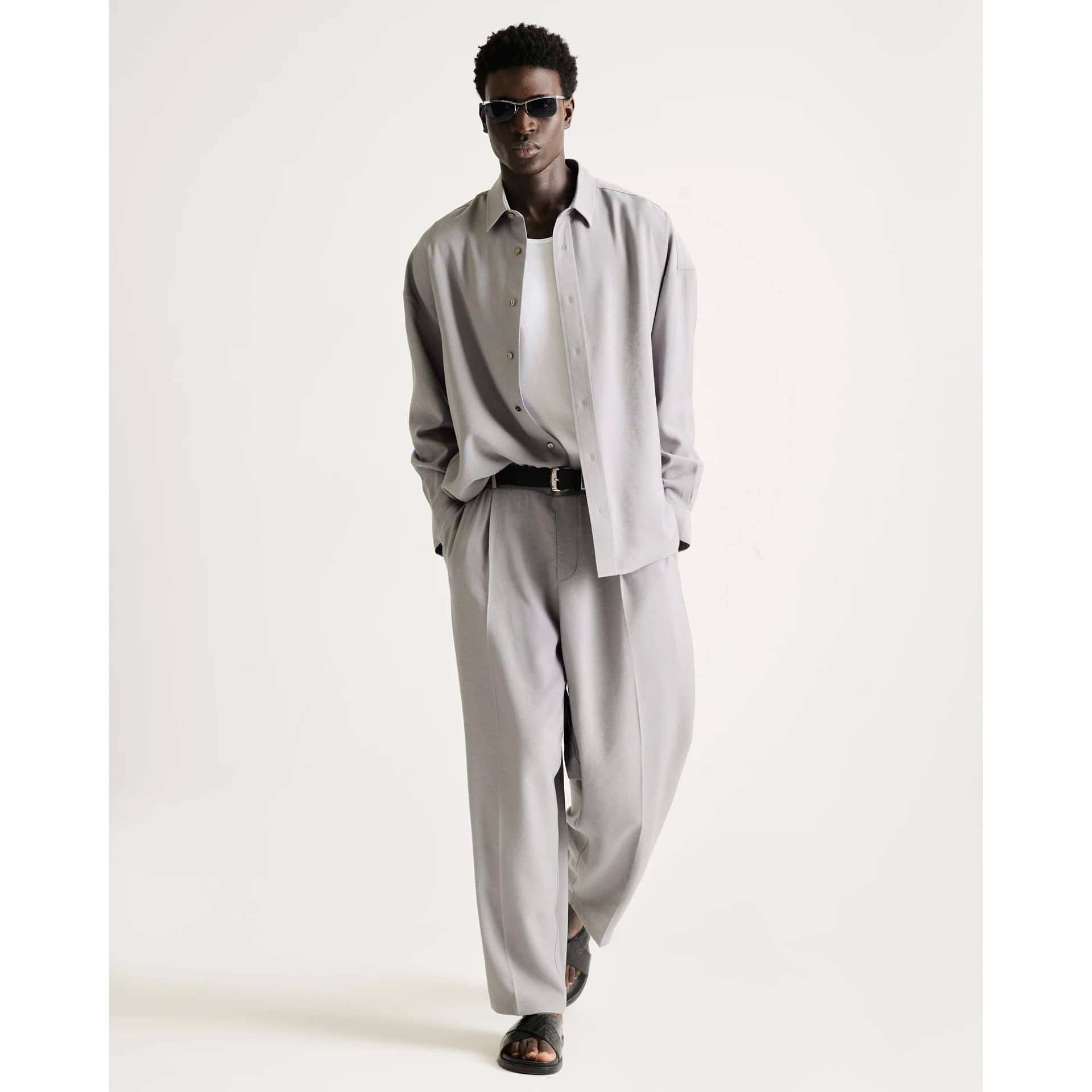 River Island Mens River Island Grey Ri Studio Wide Leg Pleated Trousers