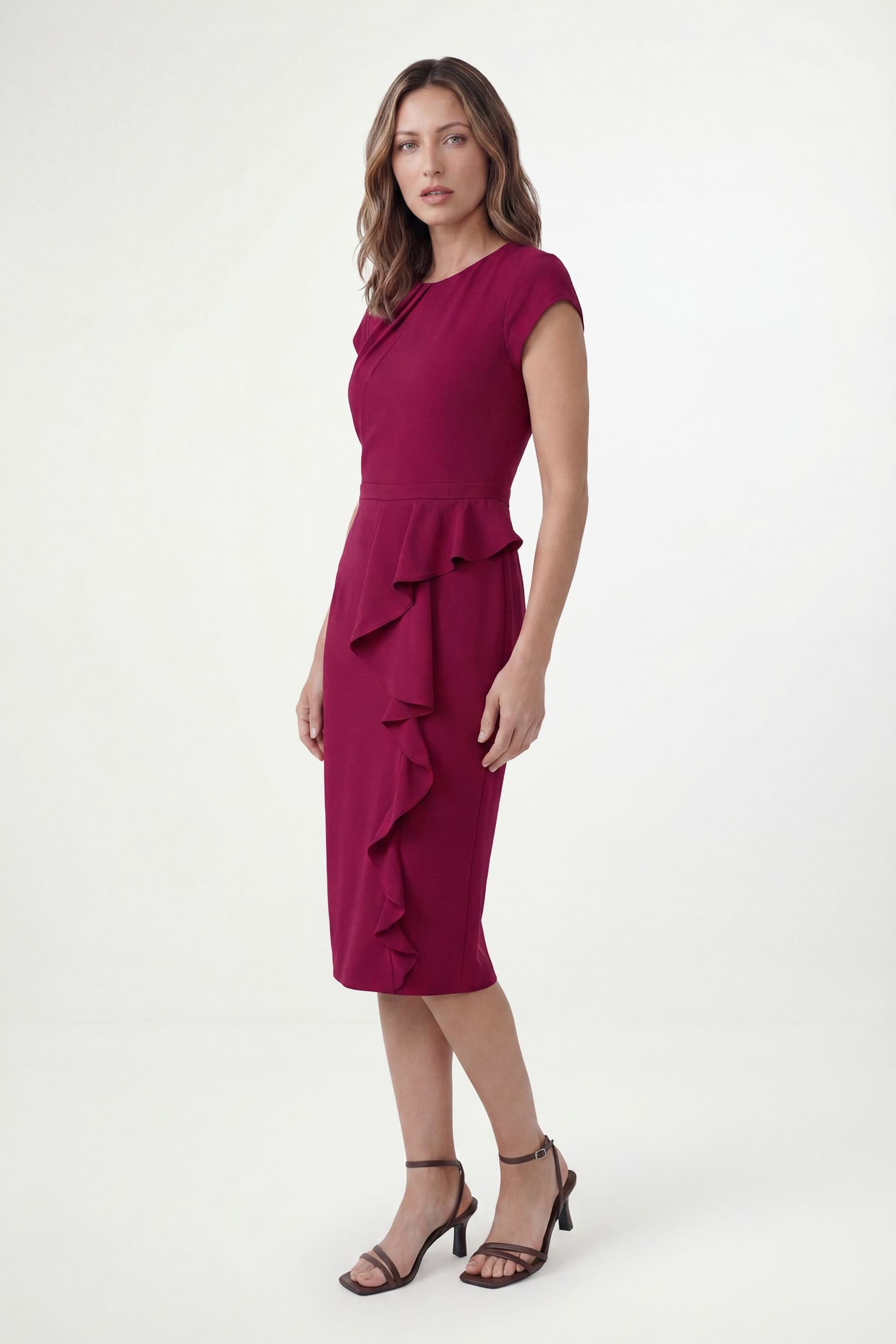 Wallis Wallis Women's Petite Crepe Pleat Ruffle Midi Dress in Pink