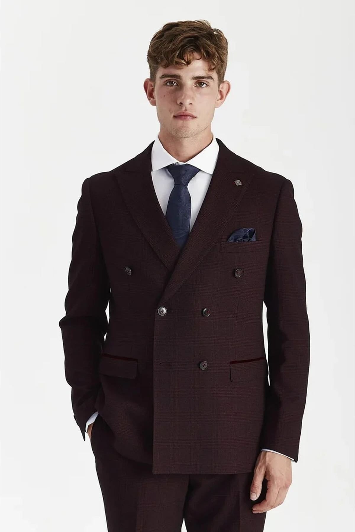 Paul Andrew Paul Andrew Men's Blazer Checked Double Breasted Plaid Tailored Fit Jacket in Wine - 1