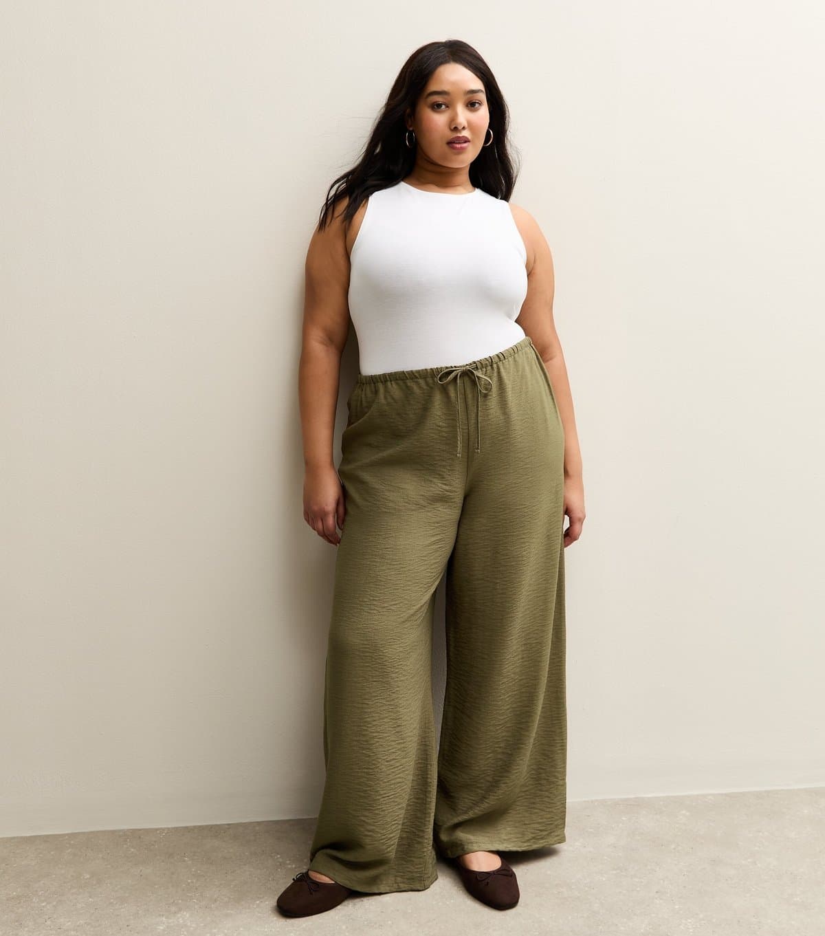 New Look Women's Plus Size Khaki Wide Leg Beach Trousers Curves New Look