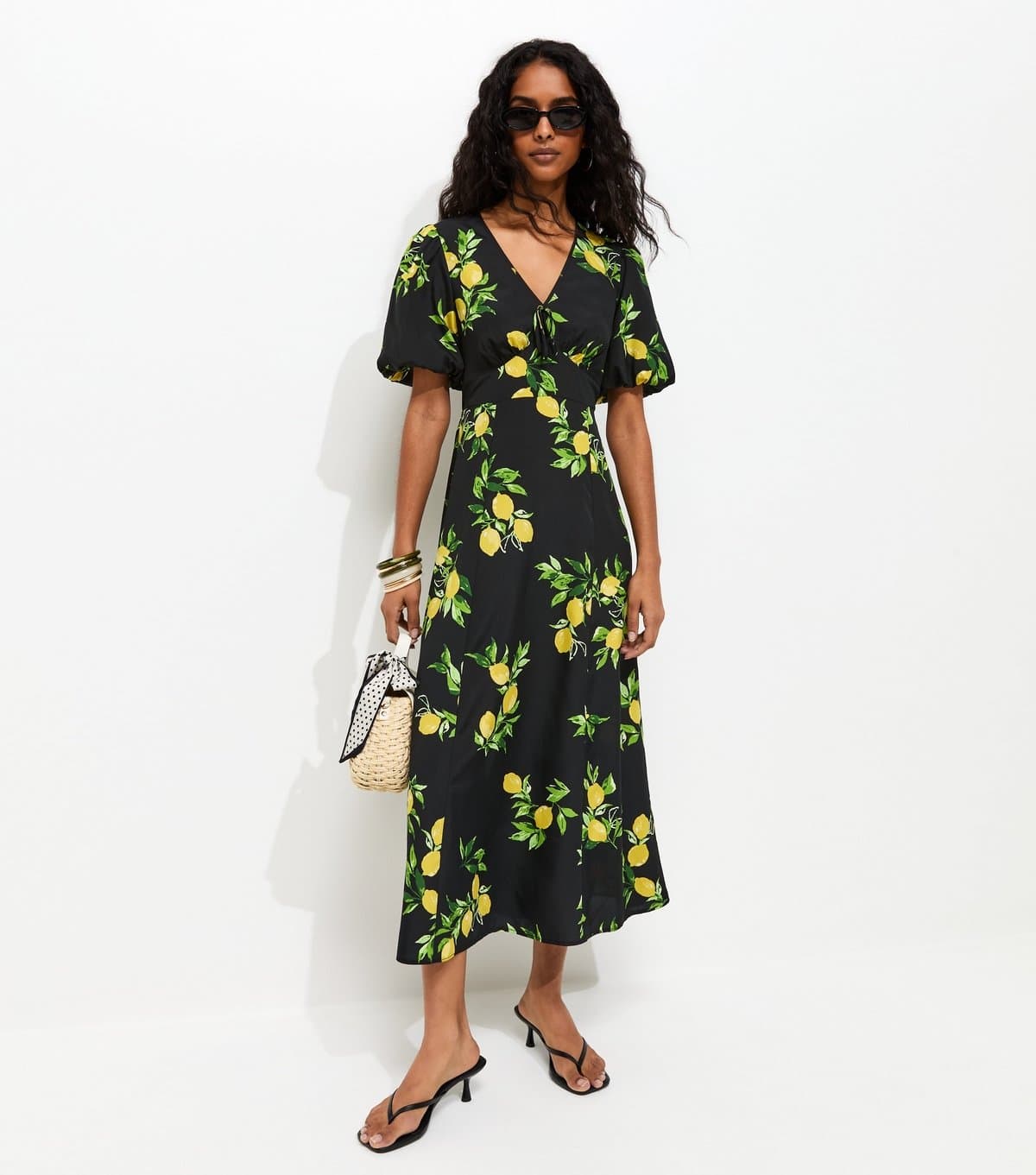 New Look Women's Black Lemon Print Puff SLeeve Midi Dress New Look