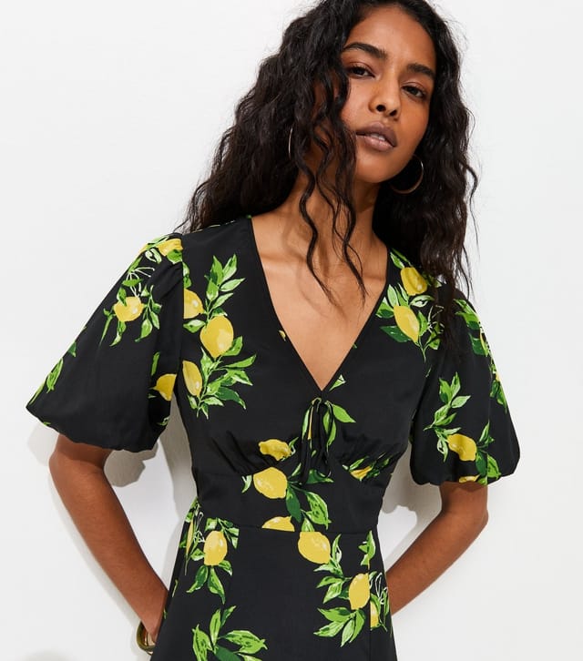 New Look Women's Black Lemon Print Puff SLeeve Midi Dress New Look - 2