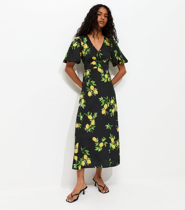 New Look Women's Black Lemon Print Puff SLeeve Midi Dress New Look - 3