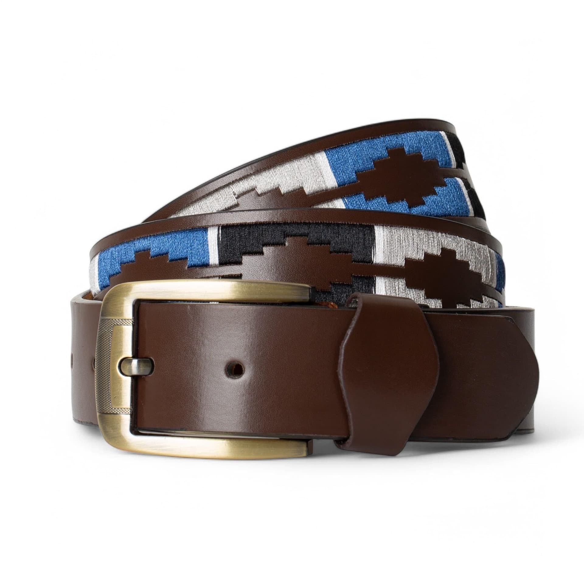 Woodland Leathers Woodland Leathers Men's Men's Brown Polo Belt with Blue Embroidered Stitching