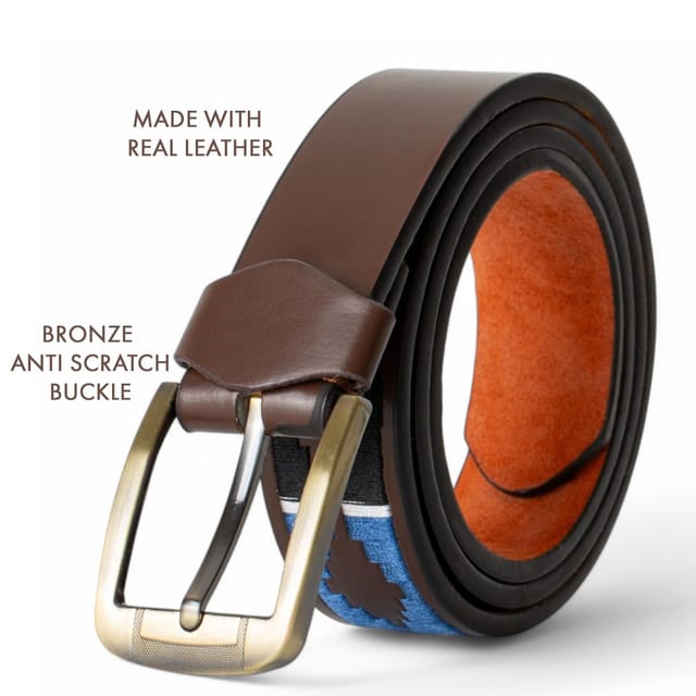 Woodland Leathers Woodland Leathers Men's Men's Brown Polo Belt with Blue Embroidered Stitching - 3