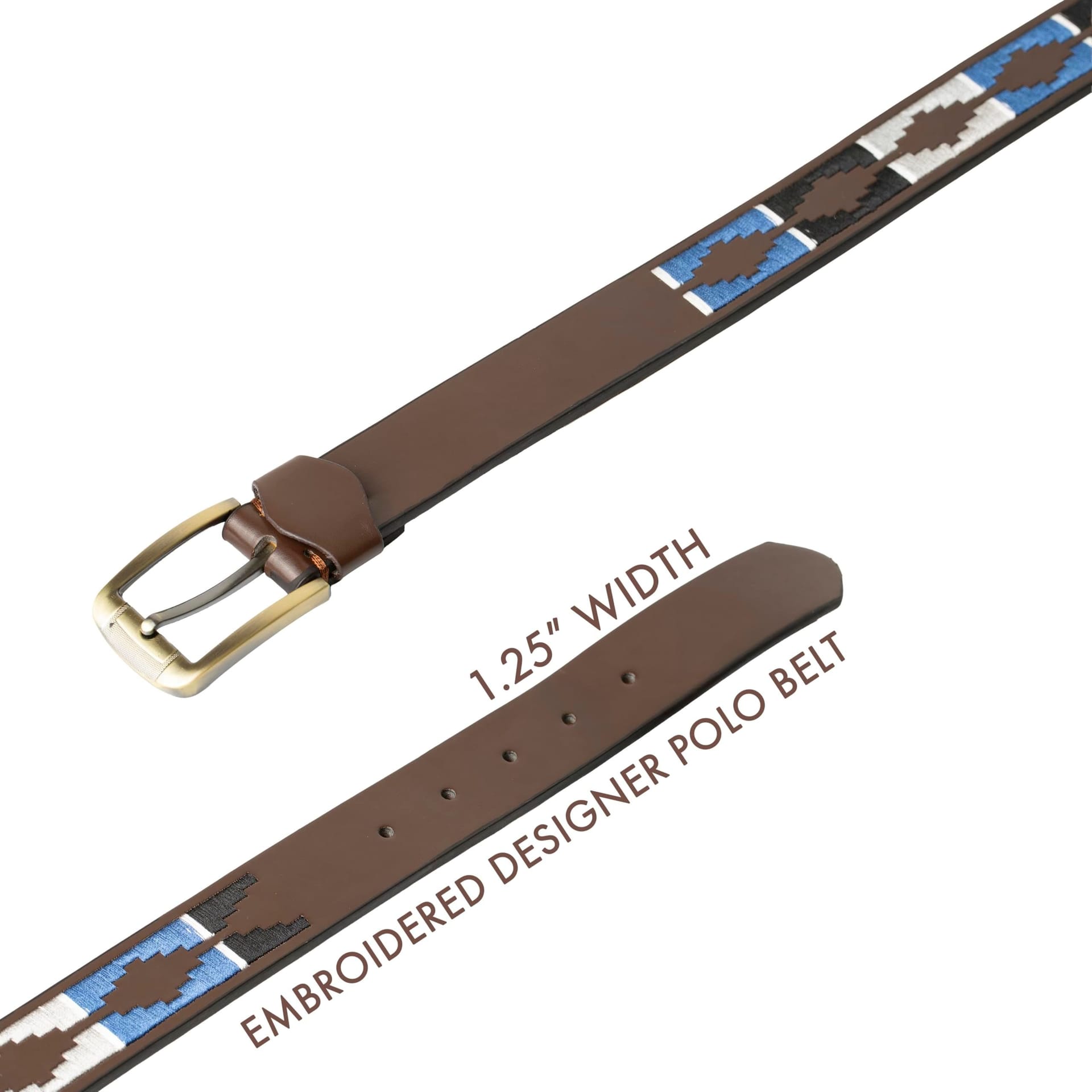Woodland Leathers Woodland Leathers Men's Men's Brown Polo Belt with Blue Embroidered Stitching - 4