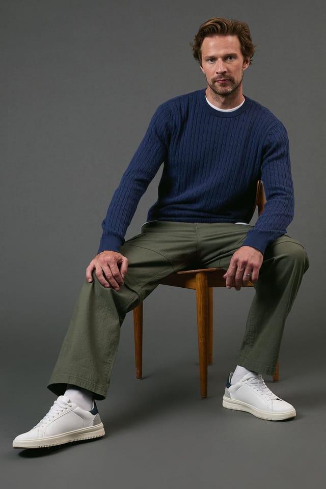 Maine Maine Men's Premium Pure Cotton Cable Crew Neck Jumper in Blue - 2