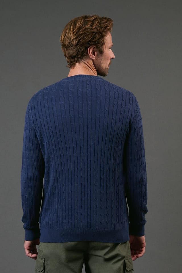 Maine Maine Men's Premium Pure Cotton Cable Crew Neck Jumper in Blue - 3